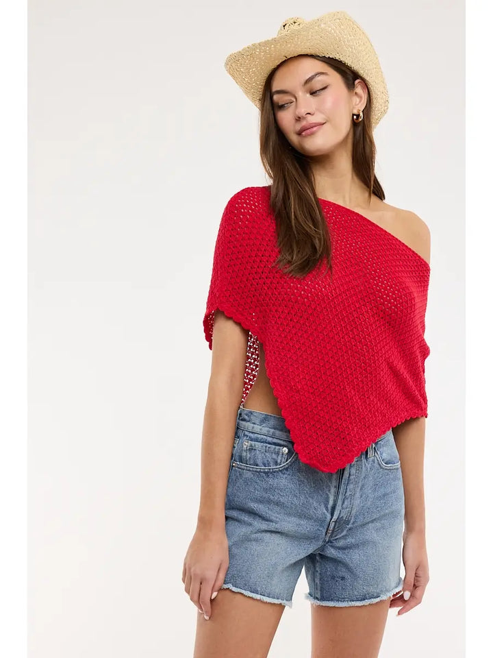 Net Knit Solid Color One Shoulder Crochet Poncho