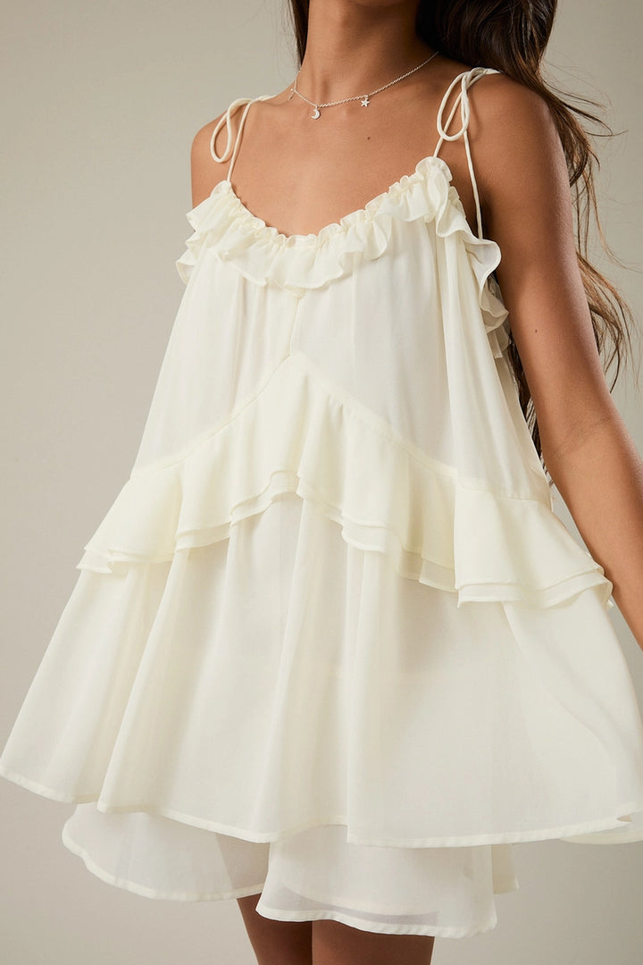 Ruffle Detail Shoulder Tie Flare Romper