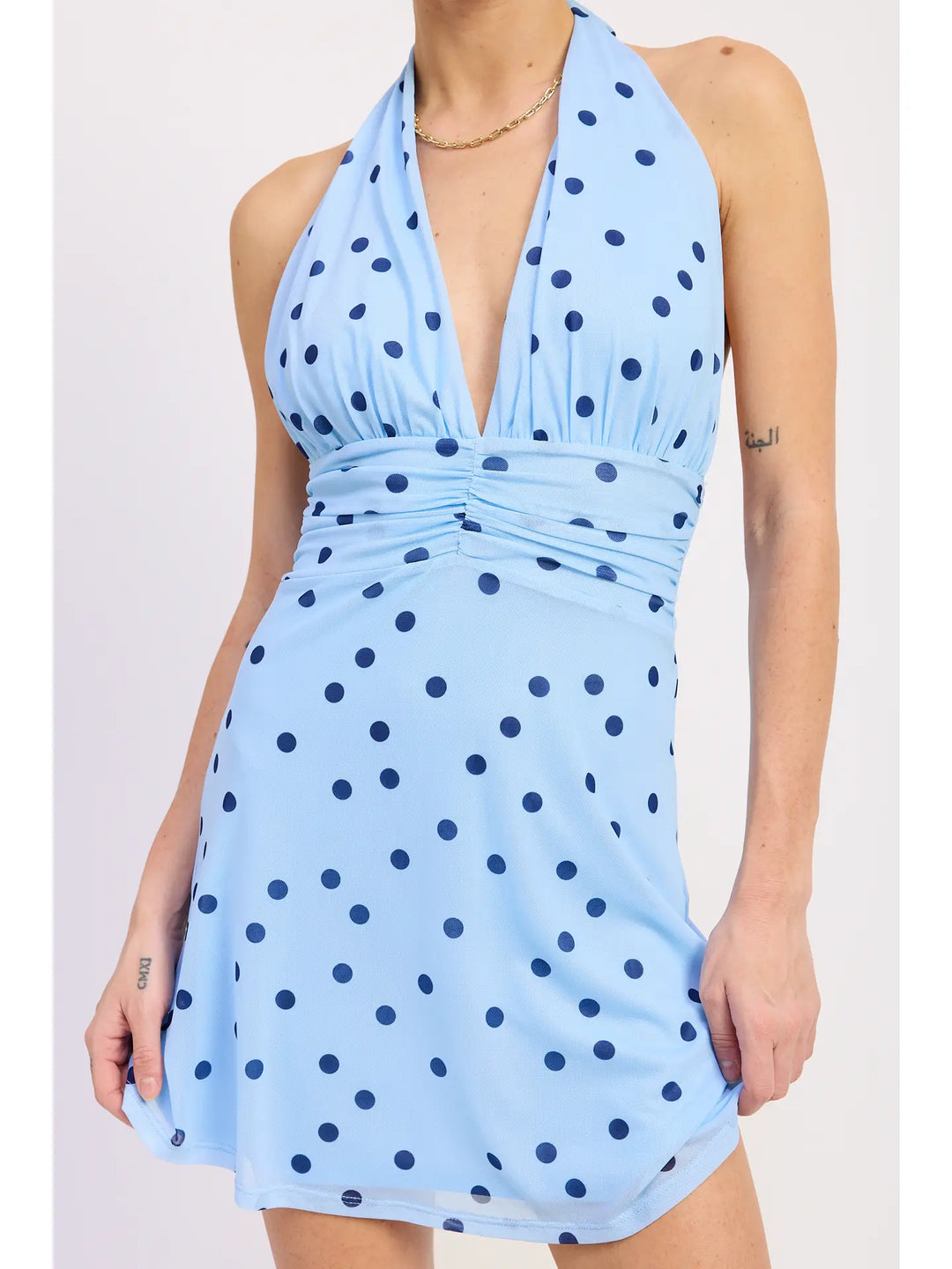 Blue Polka Dot Deep-V Halter Neck Mini Dress