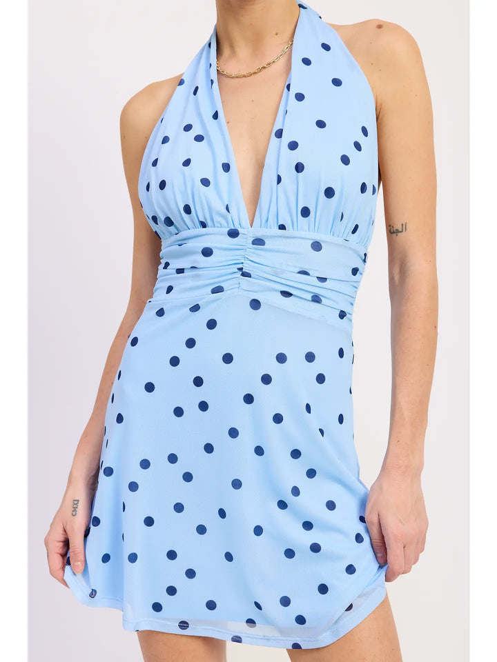 Blue Polka Dot Deep-V Halter Neck Mini Dress