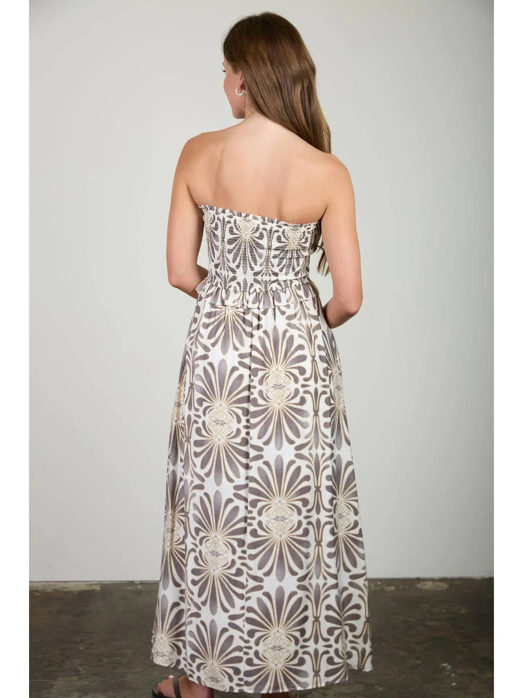 Pattern Strapless Smocked Midi Sundress