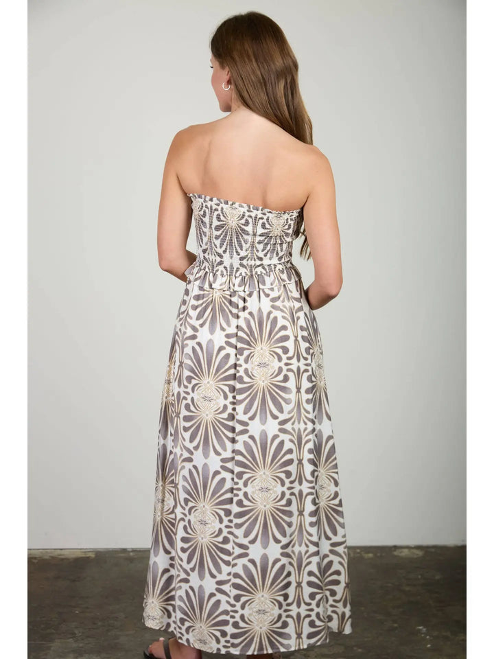 Pattern Strapless Smocked Midi Sundress