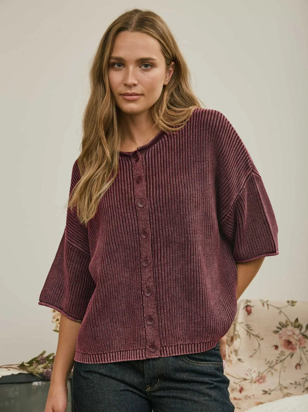Burgundy Washed Ribbed Short Sleeve Rolled Edge Cardigan