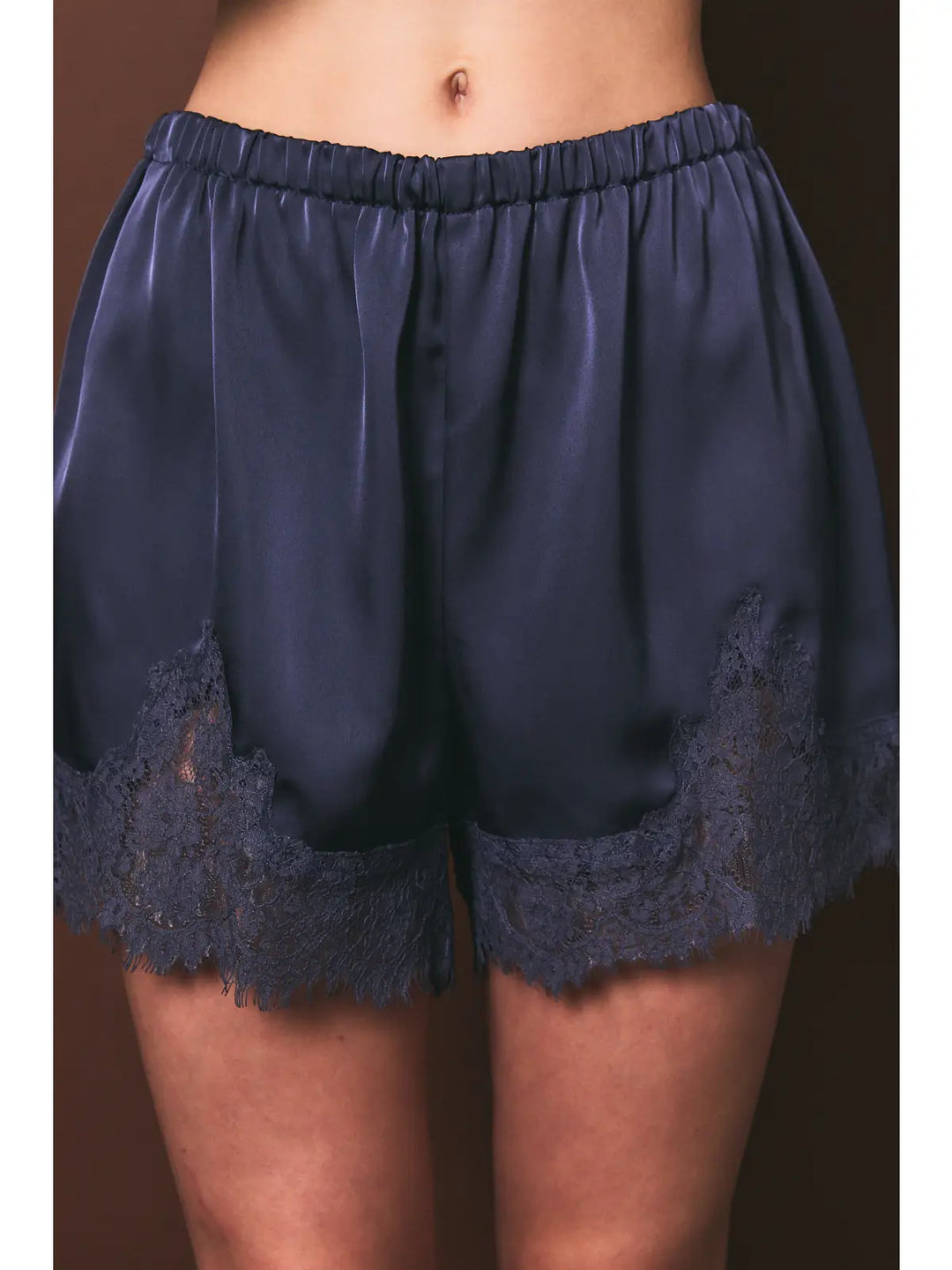 Navy Elastic Waist Mid Rise Lace Trim Shorts