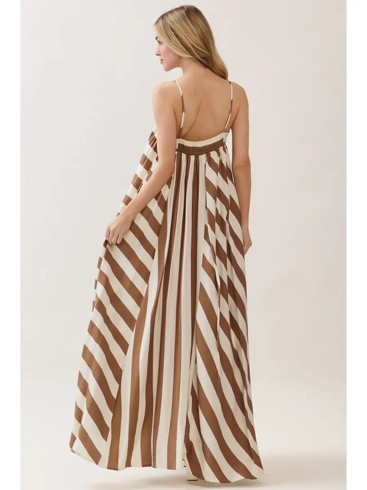Mocha Striped Print Sleeveless Maxi Dress