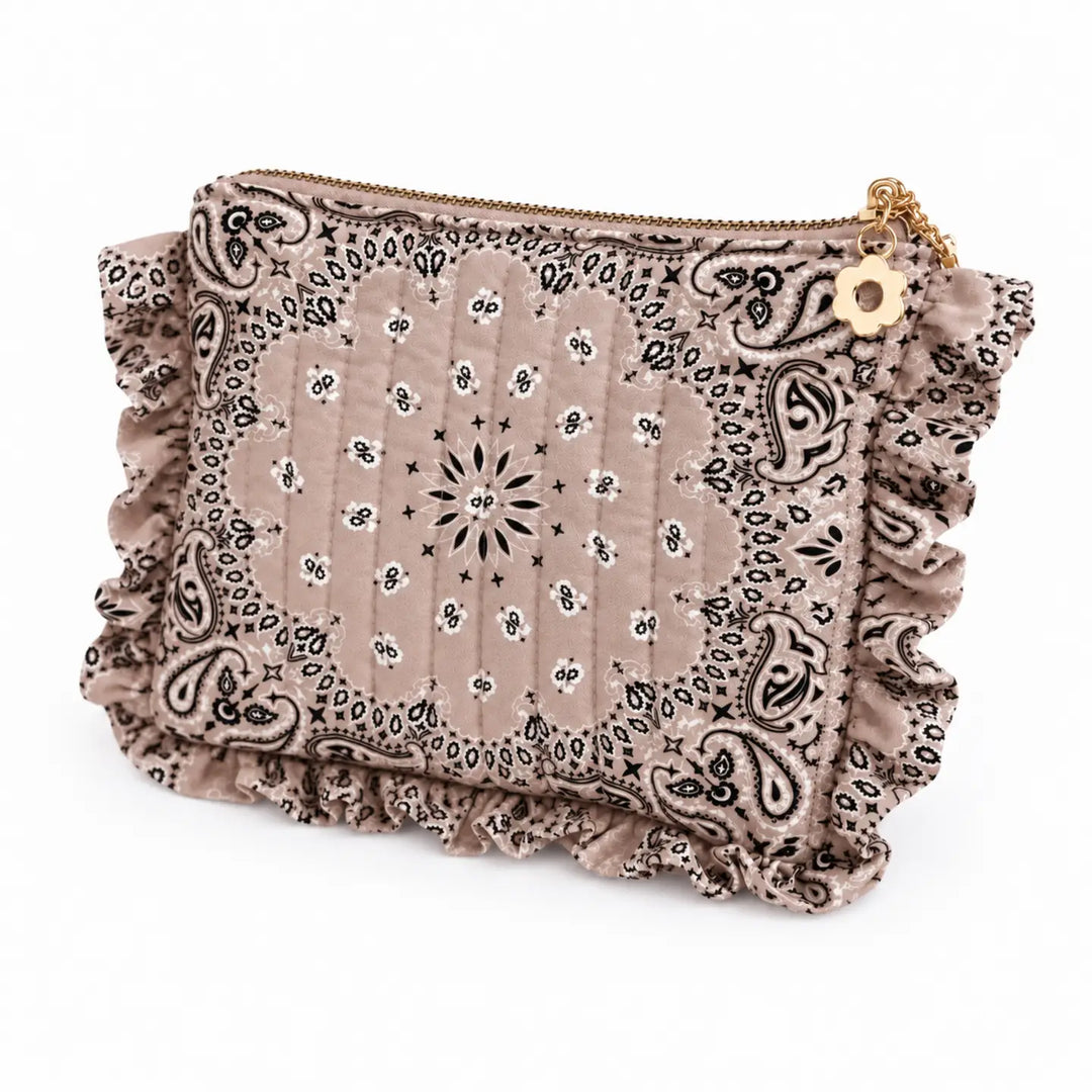 Taupe Bandana Ruffle Everything Pouch, Quilted Cosmetic Case