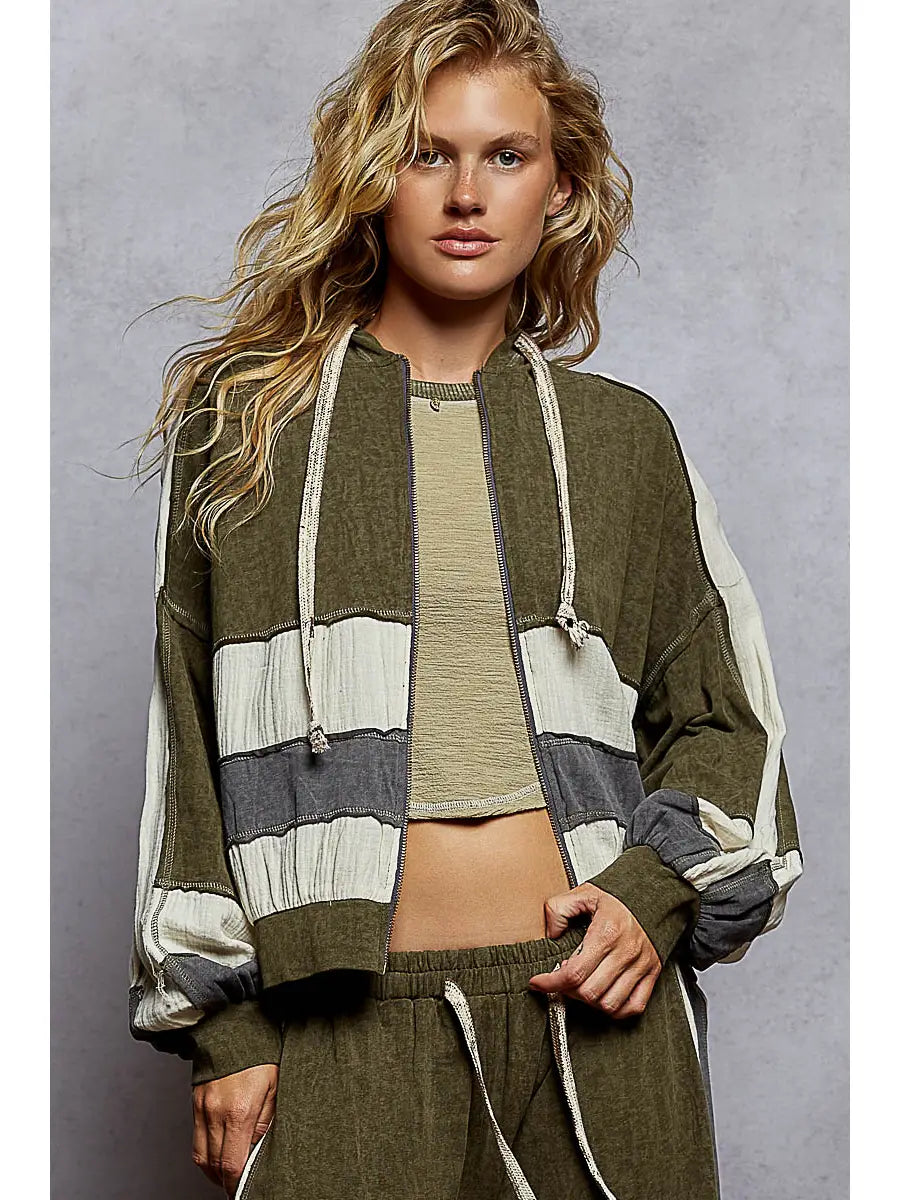 Vintage Washing Double Gauze Patch Solid Hooded Zip Up Top