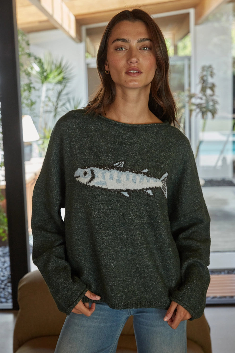Knit Sweater Graphic Fish Animal Print Pullover