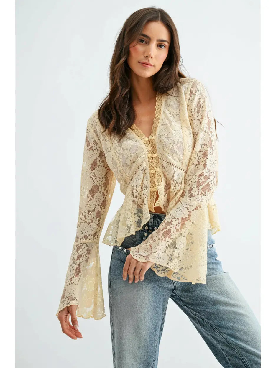 Lace Button-Down Blouse with Flared Sleeves