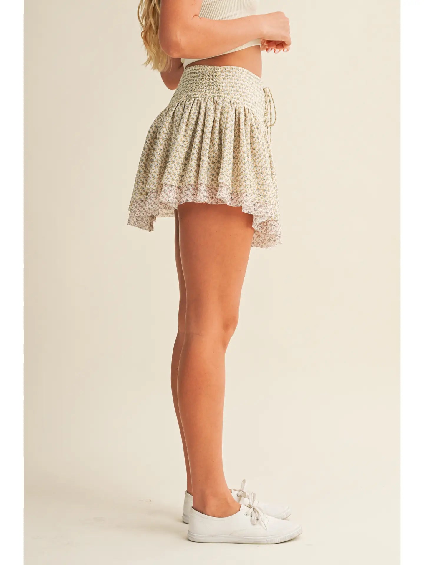Floral Mini Skirt with A Lace-Up Detail At the Front