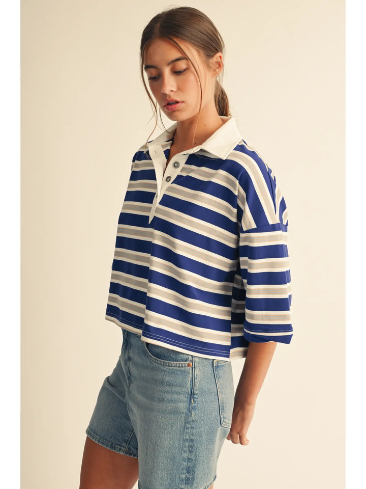 Oversized Striped Rugby Polo Top Tee
