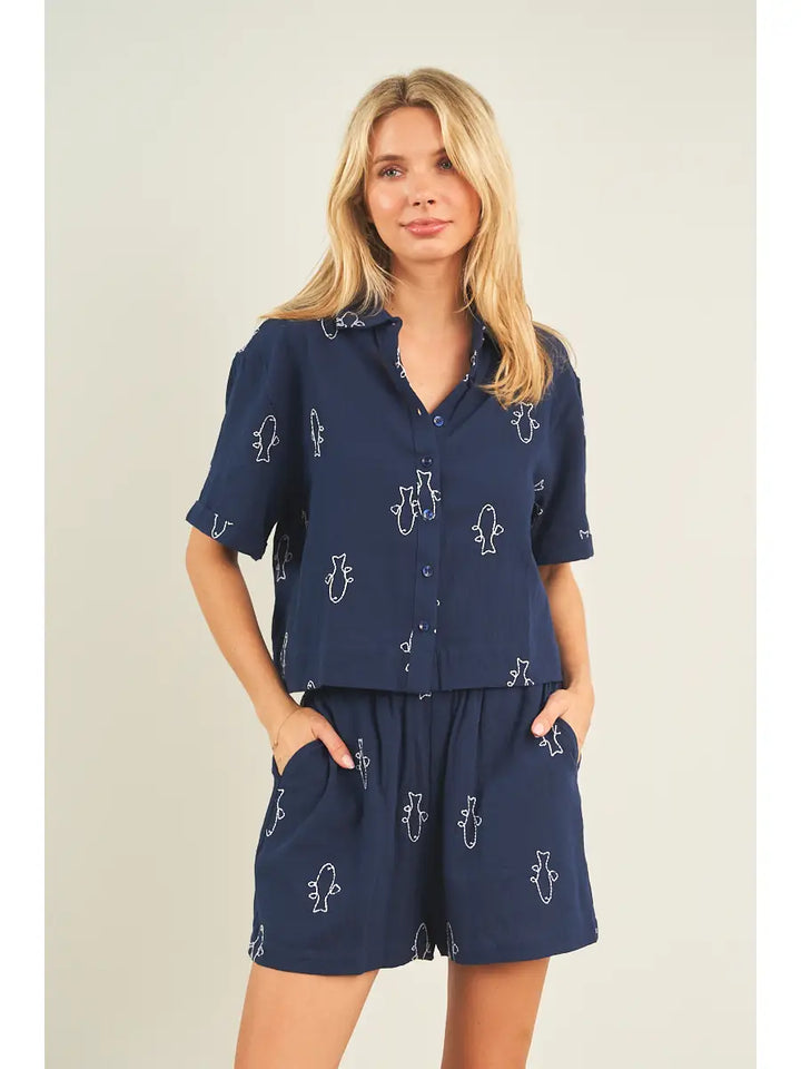Fish Embroidered Top