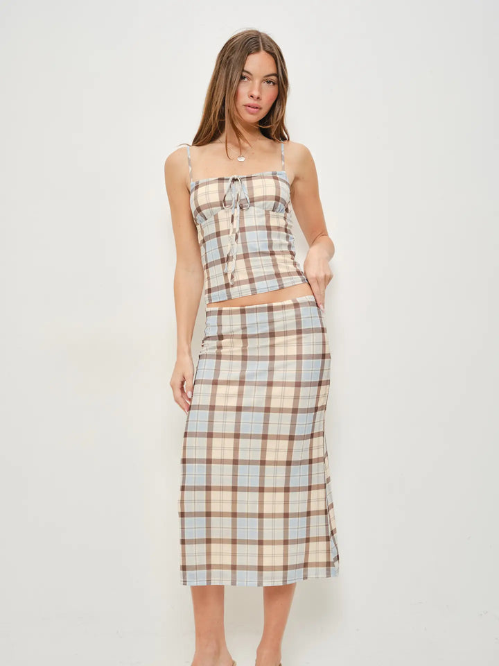 Jemima Plaid Mesh Midi Skirt