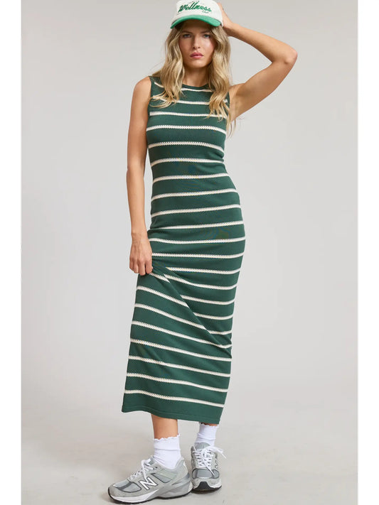 Sleeveless Knit Midi Dress with Striped Dot Detail