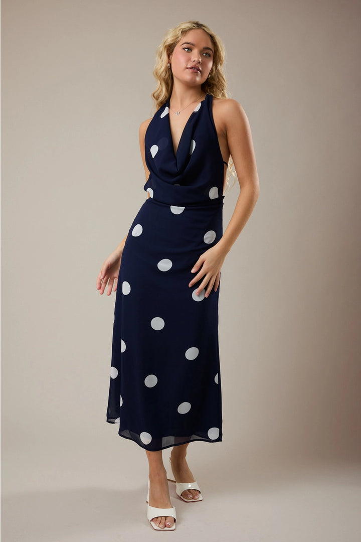 Polka Dot Maxi Dress with Attached Scarf