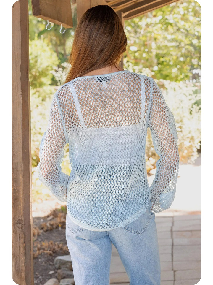 Ombre Coastal Seashell Embroidered Open Knit Top