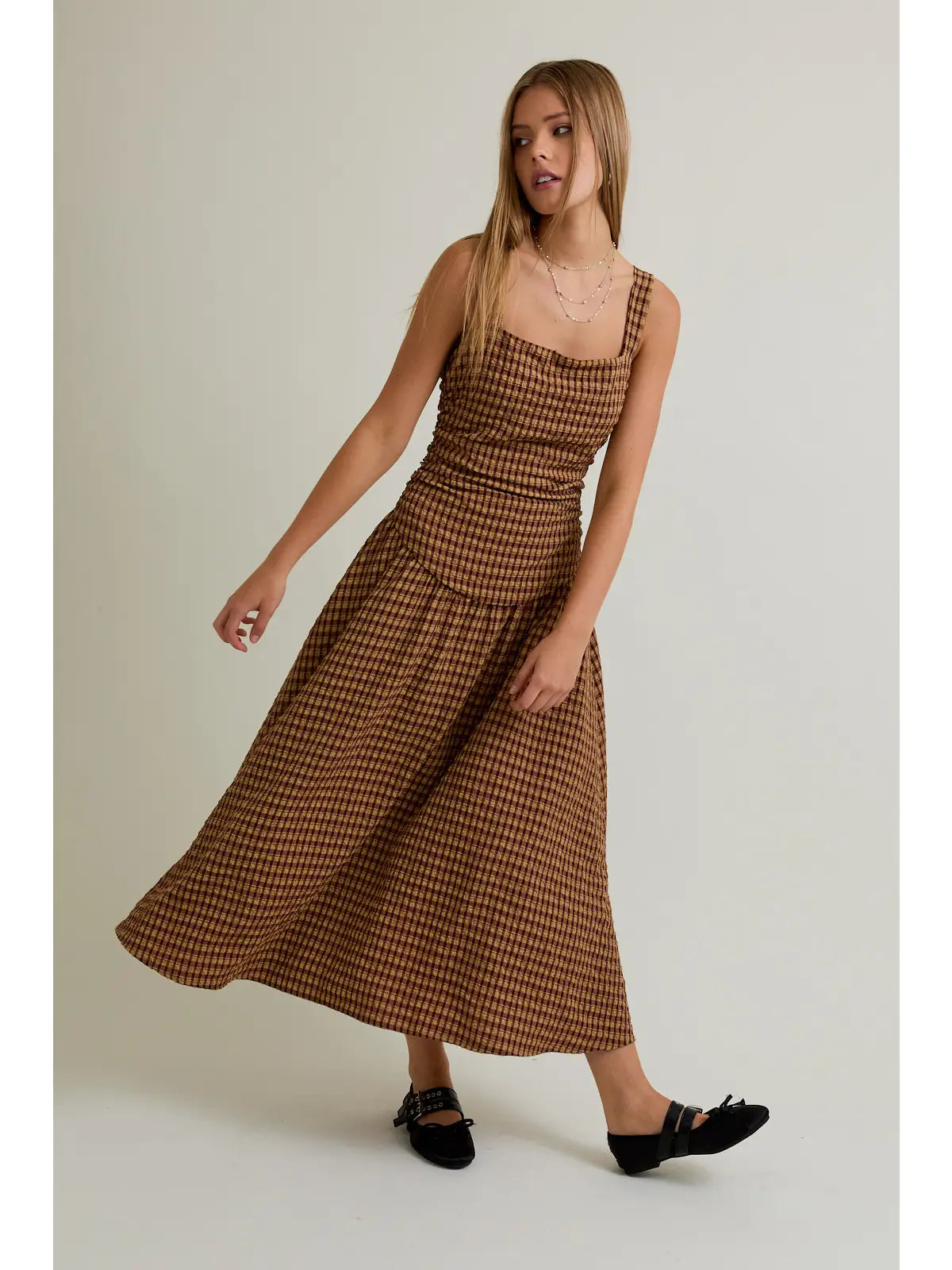 Sleeveless Square Neck Dropped Waist Plaid Midi Dress