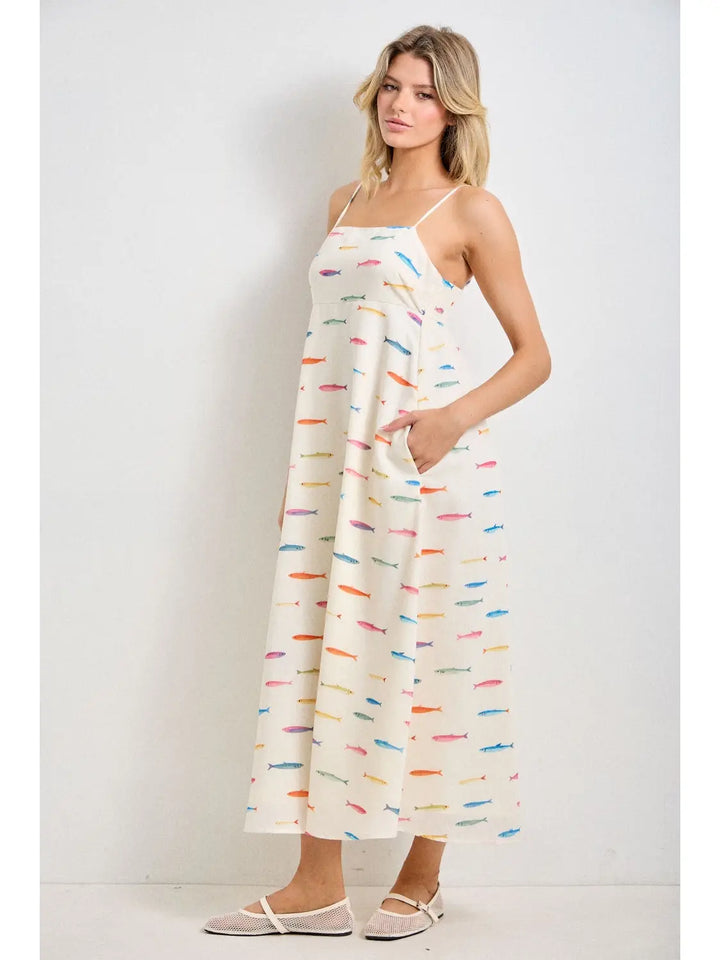 Fish Print Sleeveless Midi Dress