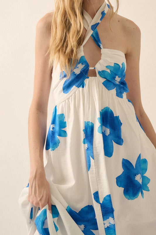 Floral-Print Cross-Front Halter Maxi Dress