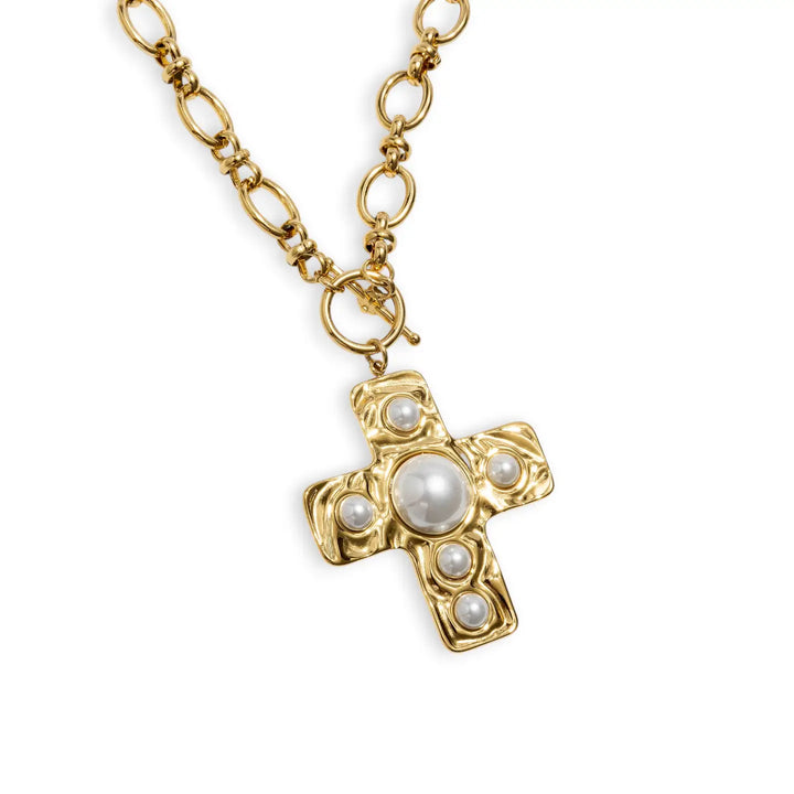 Water Resistant Pearl Cross Necklace