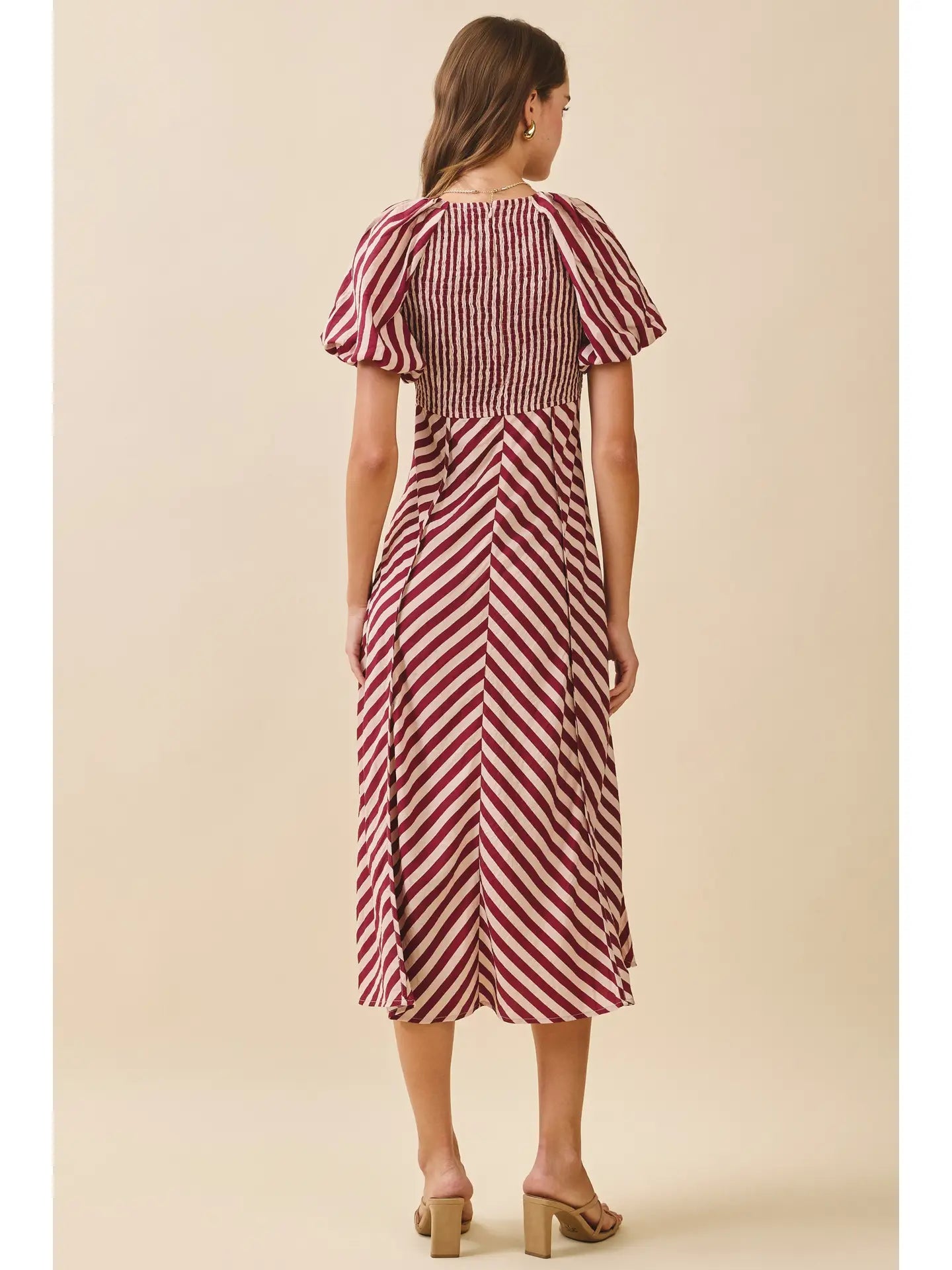 Striped Smocked Bodice V Neck Midi Dress