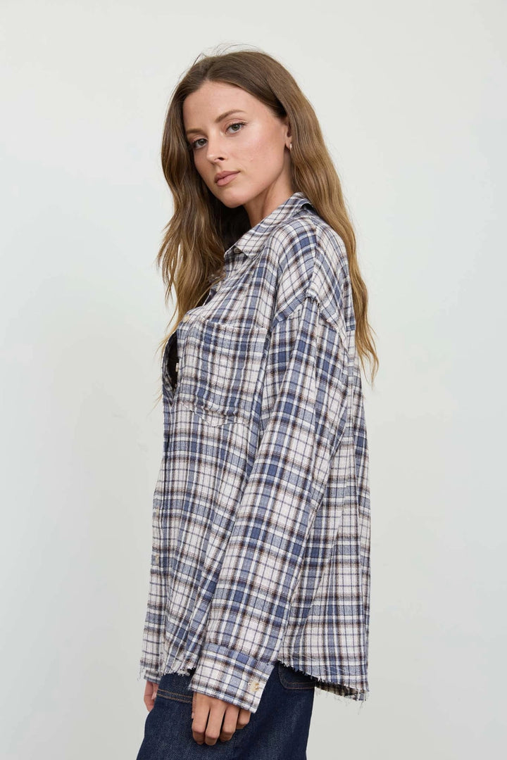 Plaid Collared Button Down Distressed Top