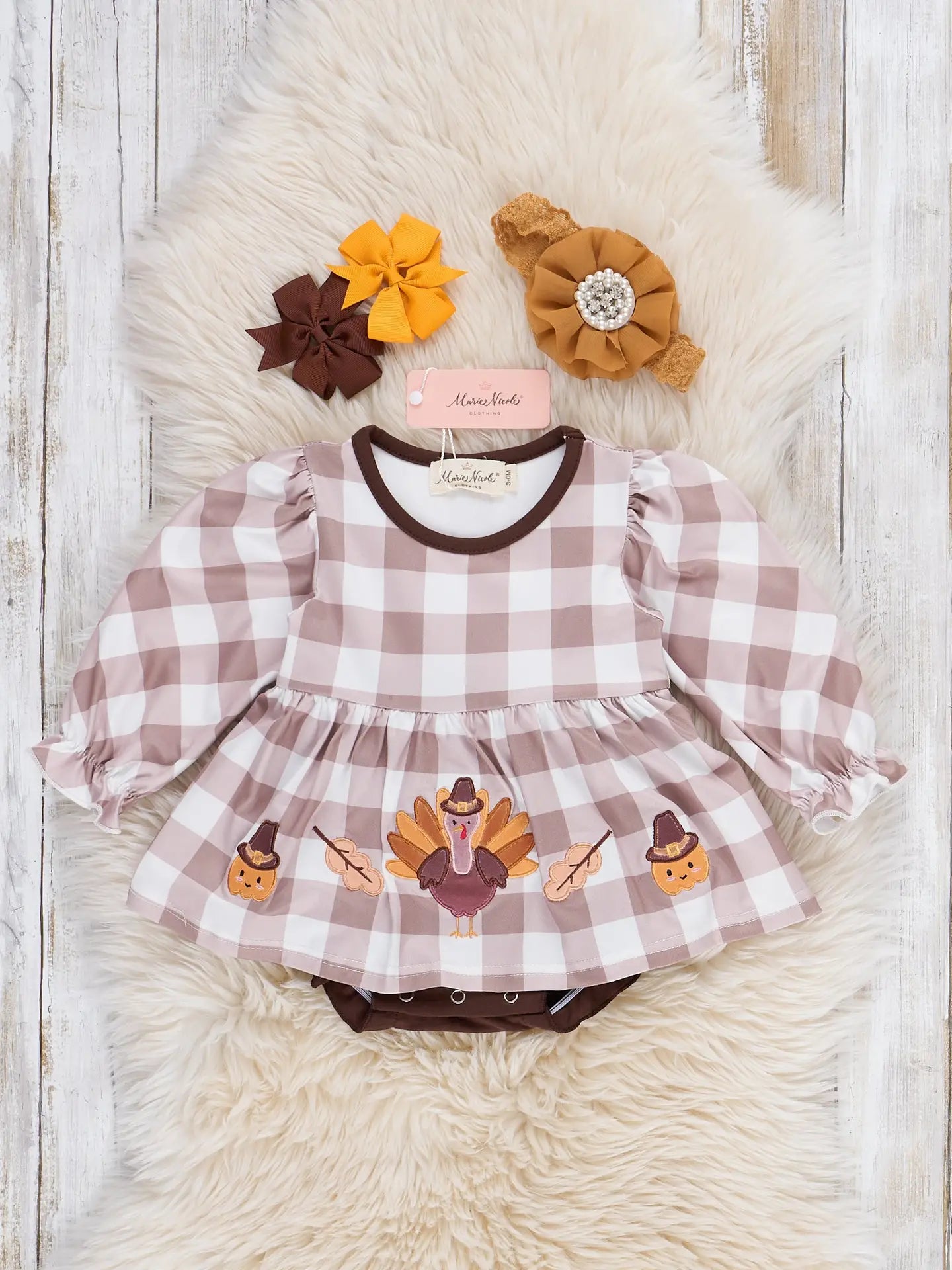 Turkey Gingham Celebration Embroidered Bubble Romper