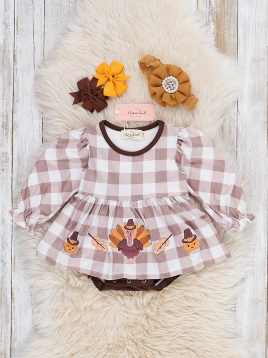 Turkey Gingham Celebration Embroidered Bubble Romper