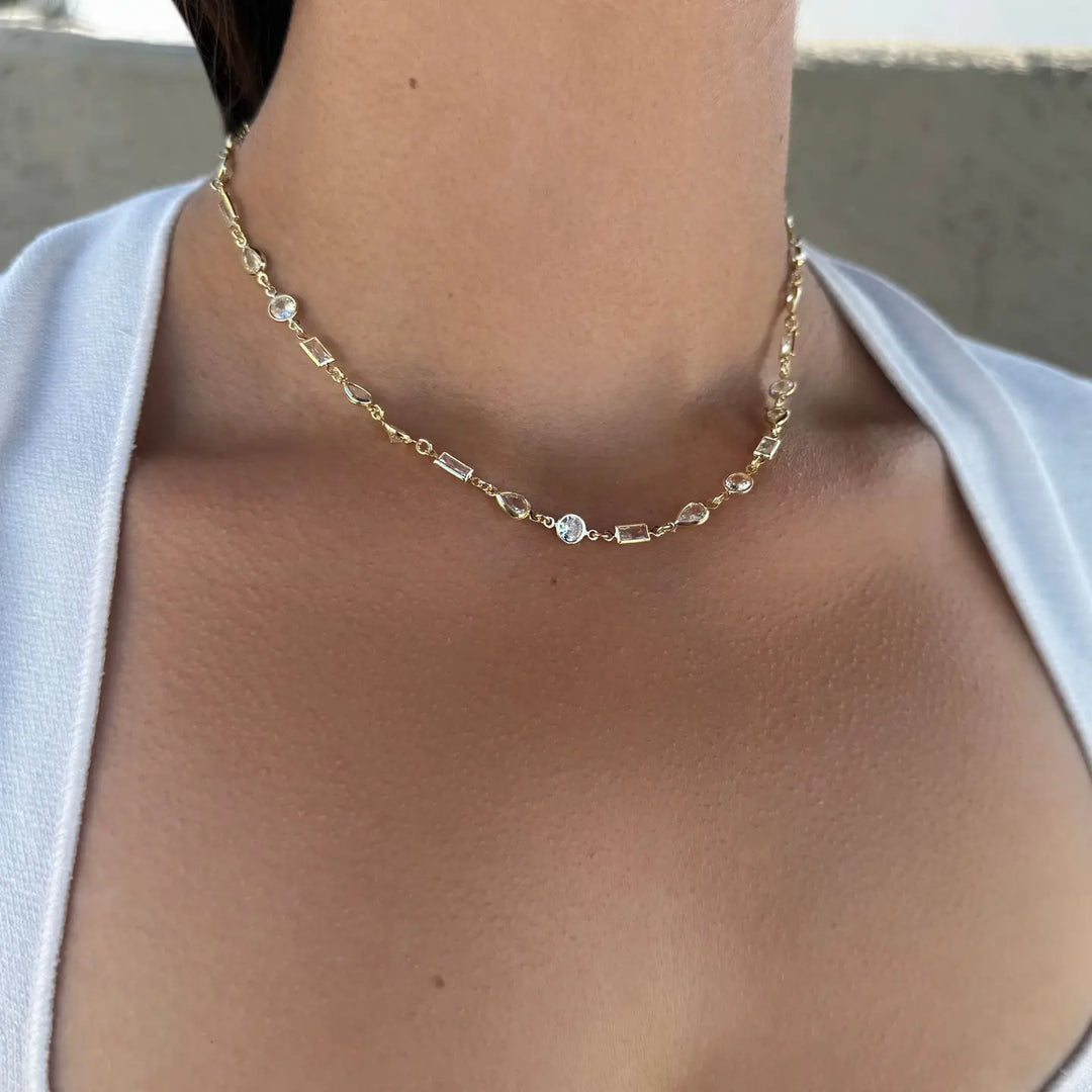 14k Gold Plated Mixed Shape Crystal Necklace