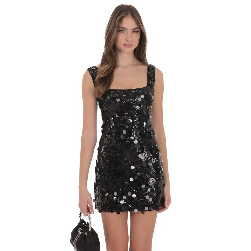 Circle Sequin Square Neck Dress in Black