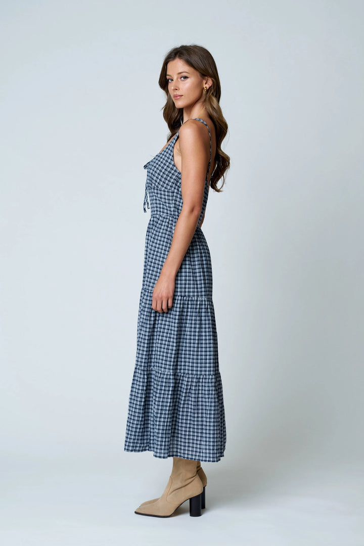 Plaid Front Tie Corset Detail Tiered Midi Dress