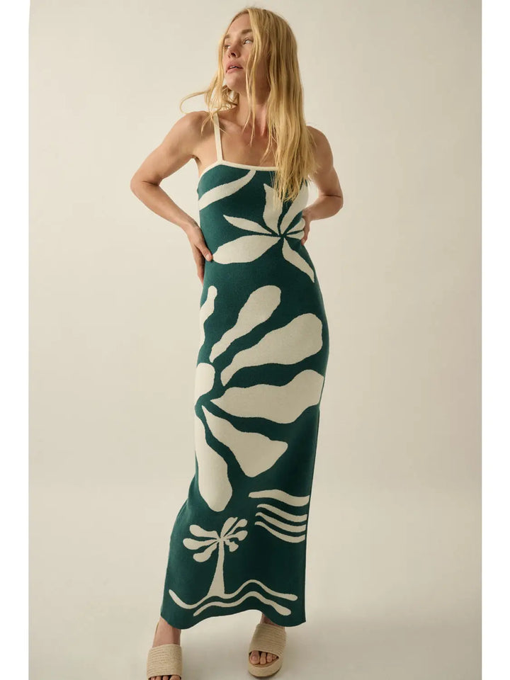 Tropical Floral Jacquard-Knit Maxi Cami Sweater Dress