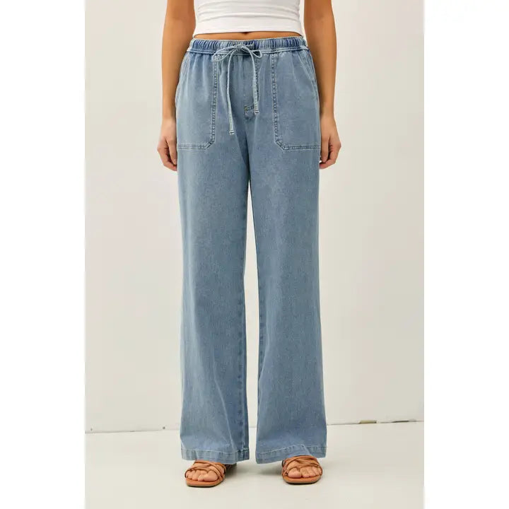 Knit Denim Wide Leg Pull On Pants
