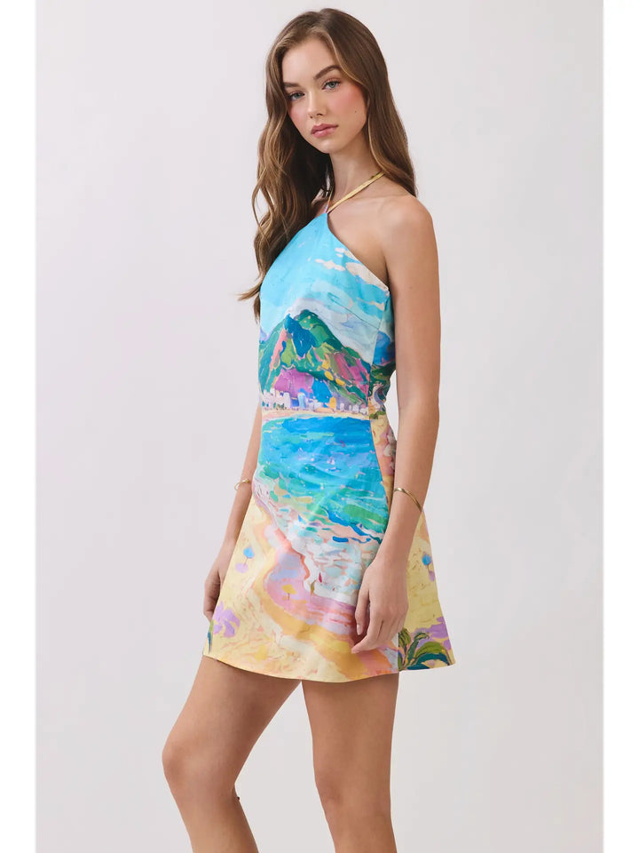 Coastal Scenic Print Halter Mini Dress