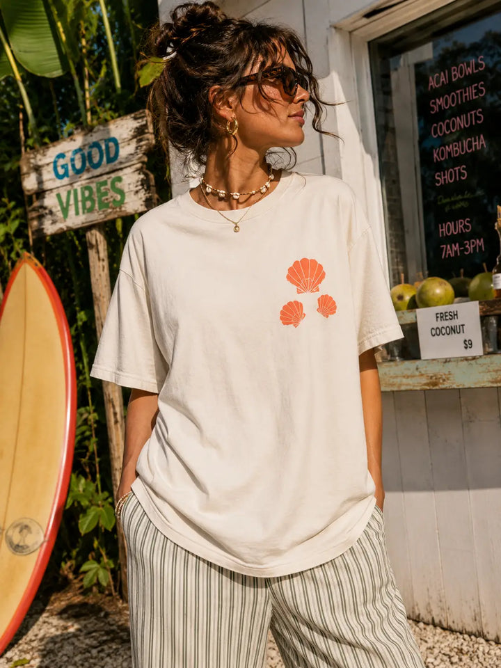 Tropical Stamps Front and Back Cream T-Shirt
