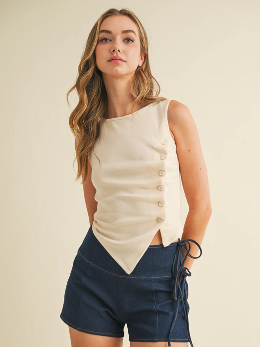 Asymmetrical Button Detail Down Knit Tank