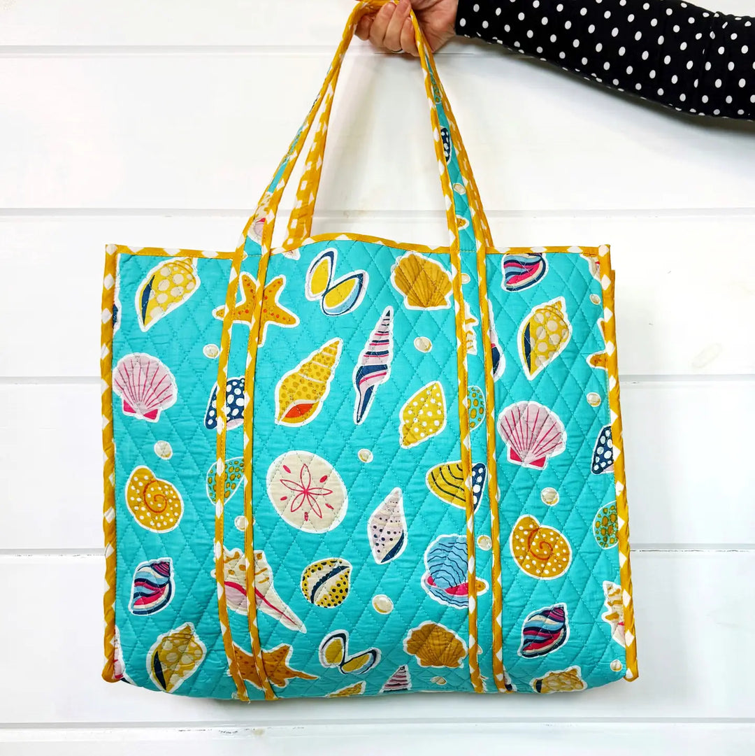 Quilted Tote Bag | Aqua Seashell | Large Shopping Tote Bag