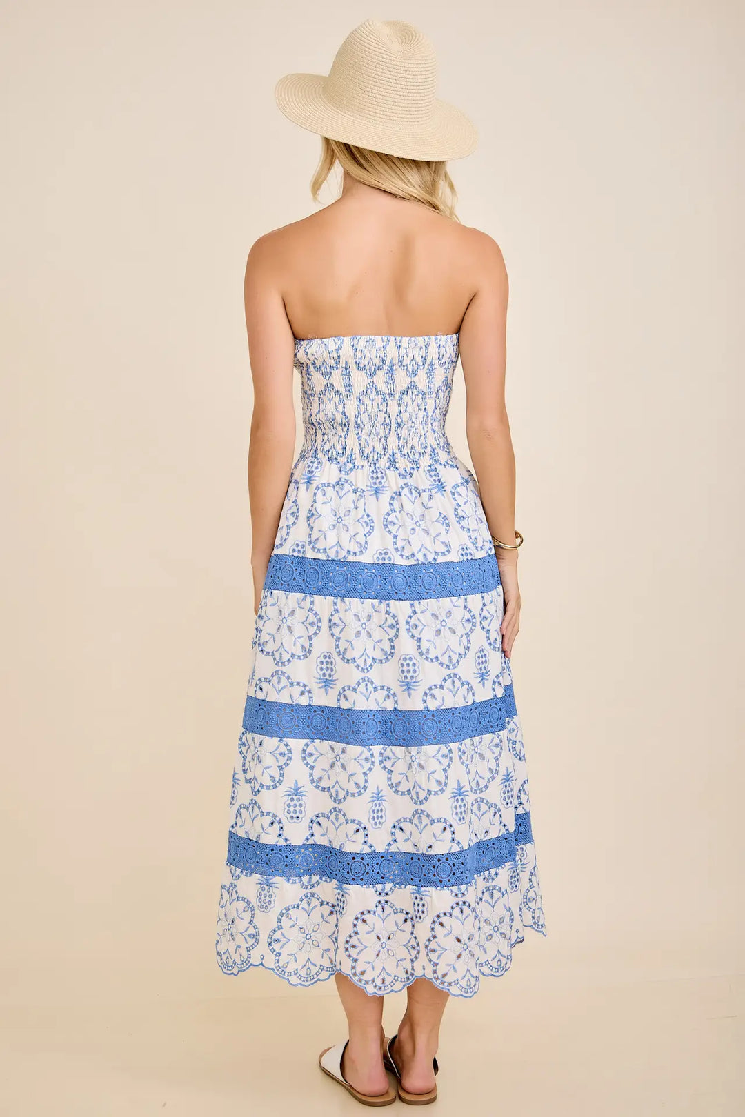 Smocked Strapless Embroidered Tiered Midi Dress