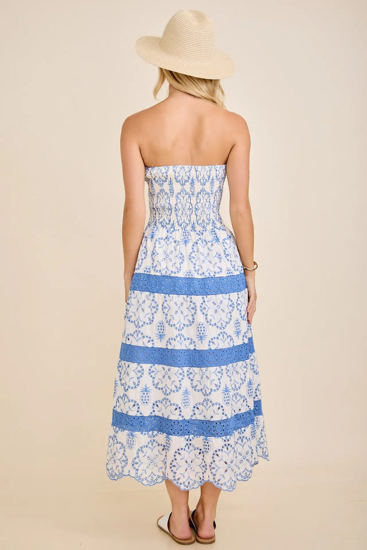 Smocked Strapless Embroidered Tiered Midi Dress