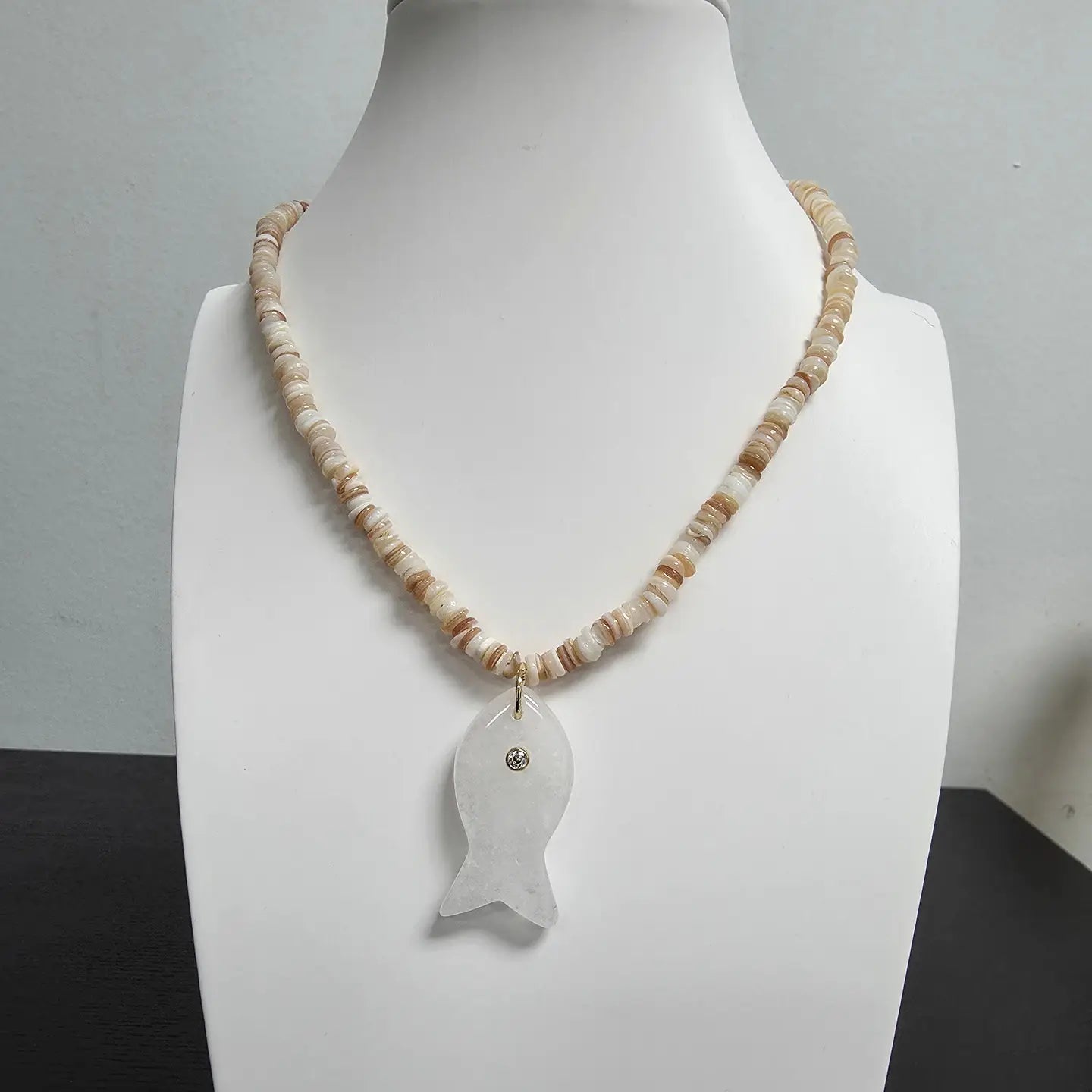 Summer Shell Pearl Beaded Necklace 15.75 Inch with Fish Charm