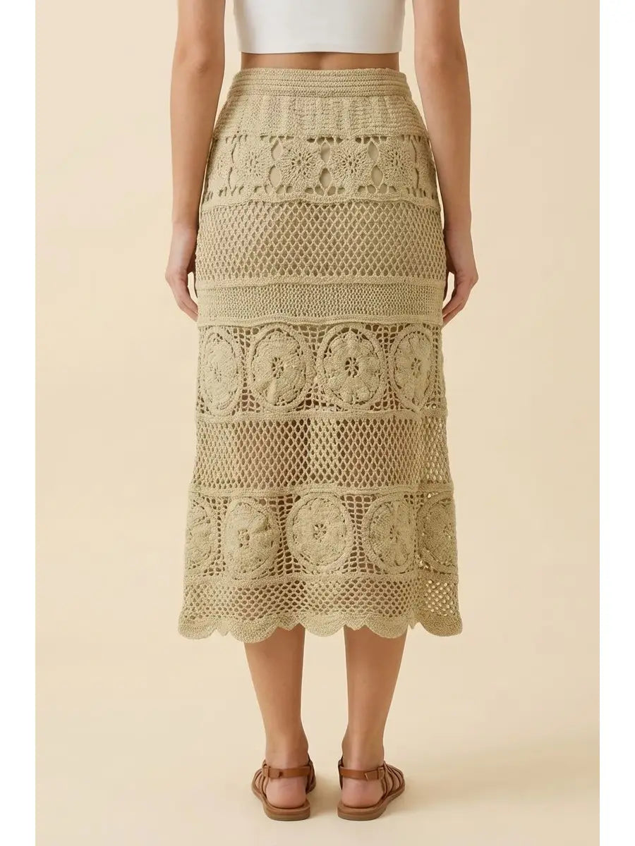 Sage Crochet Floral Pattern Mix Midi Skirt