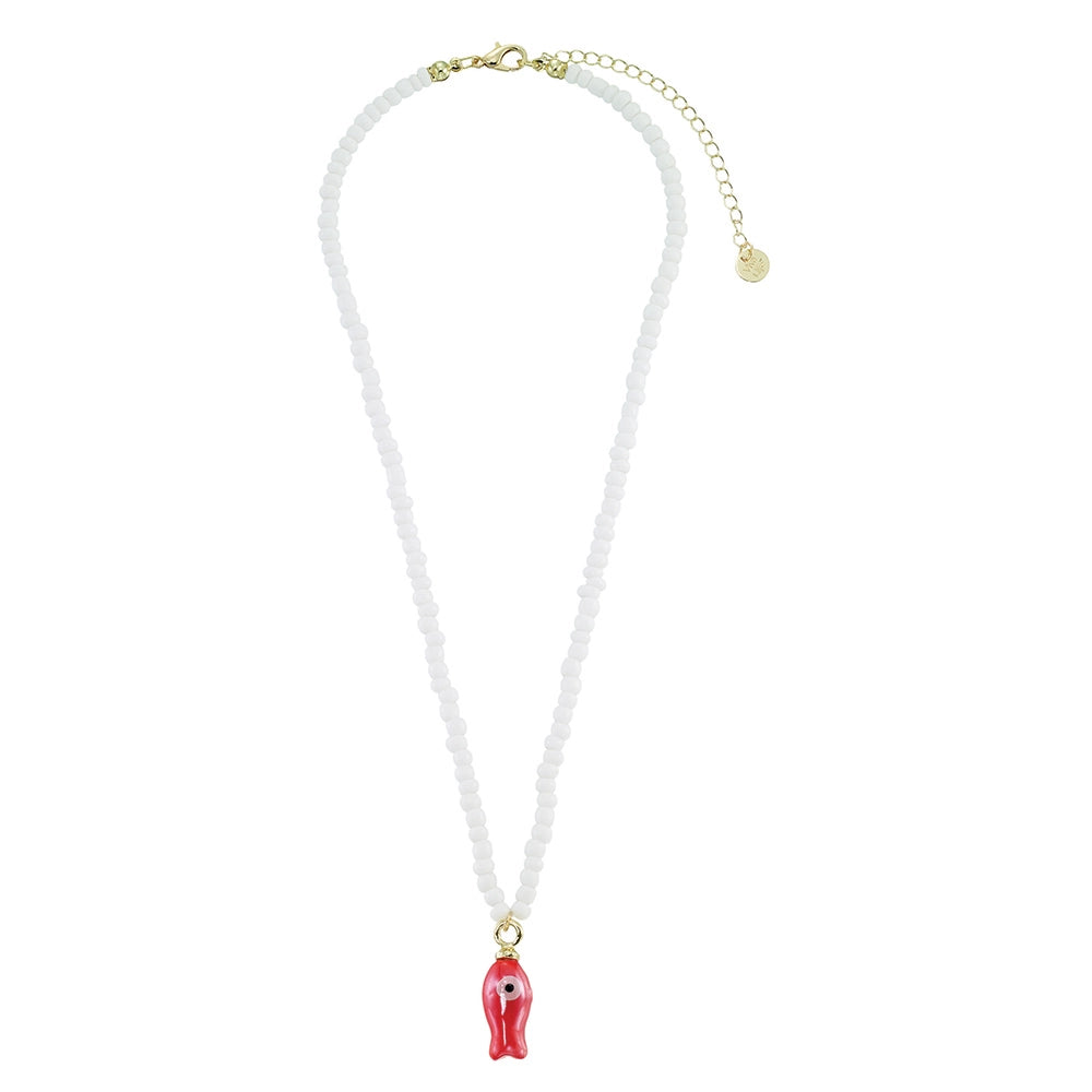 Ceramic Sardine with White Seedbead Necklace