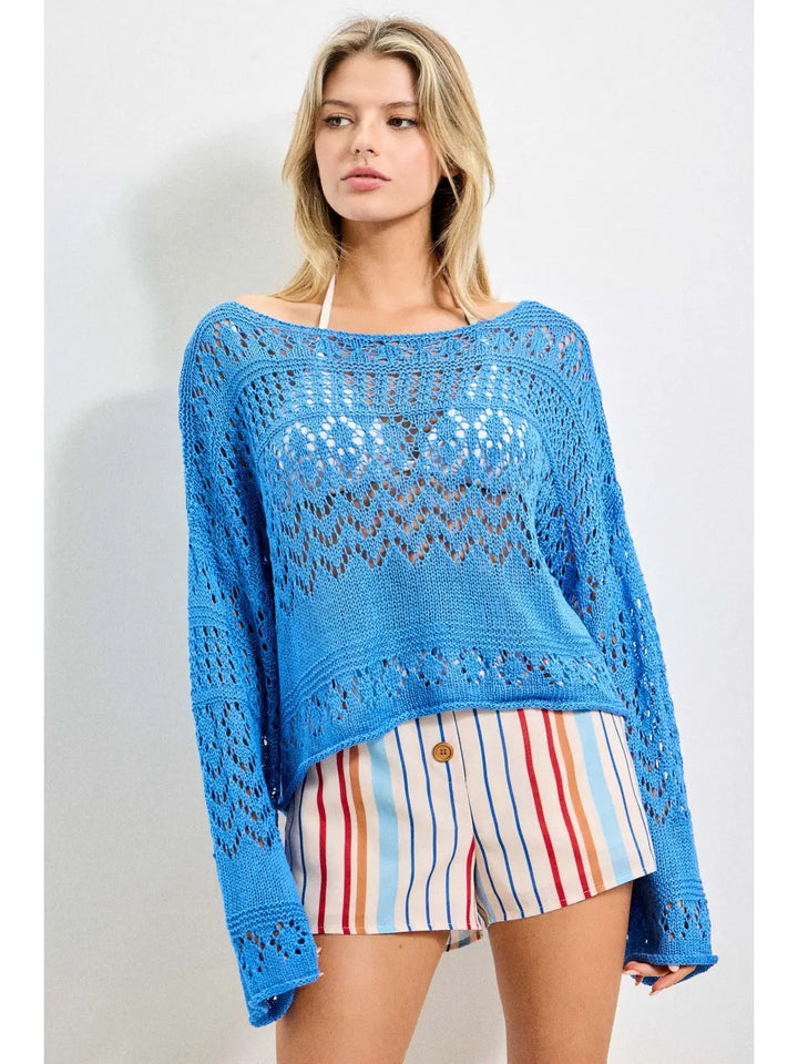 Bohemian Open-Stitch Flare Sleeve Sweater