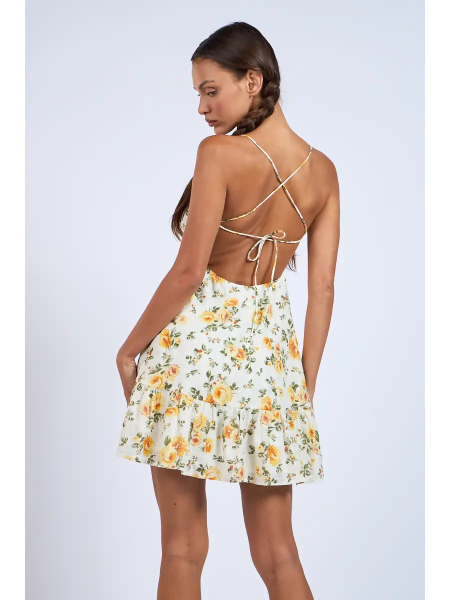 Lemon Floral Open Back with Crossed Tie Mini Dress
