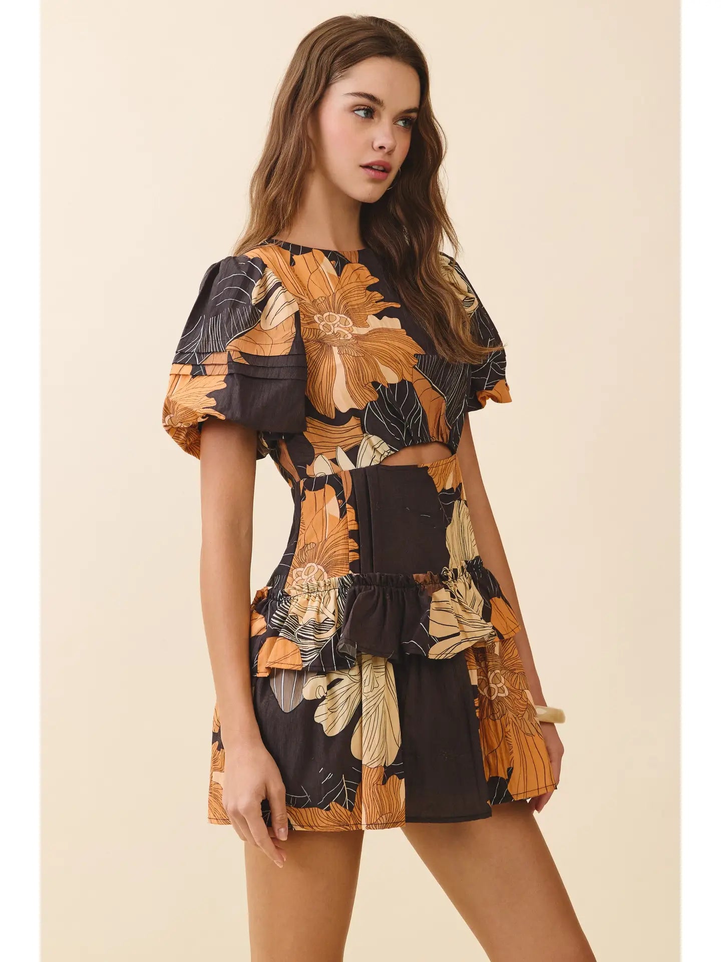 Floral Print Fitted Bodice Waist Cutout Mini Dress