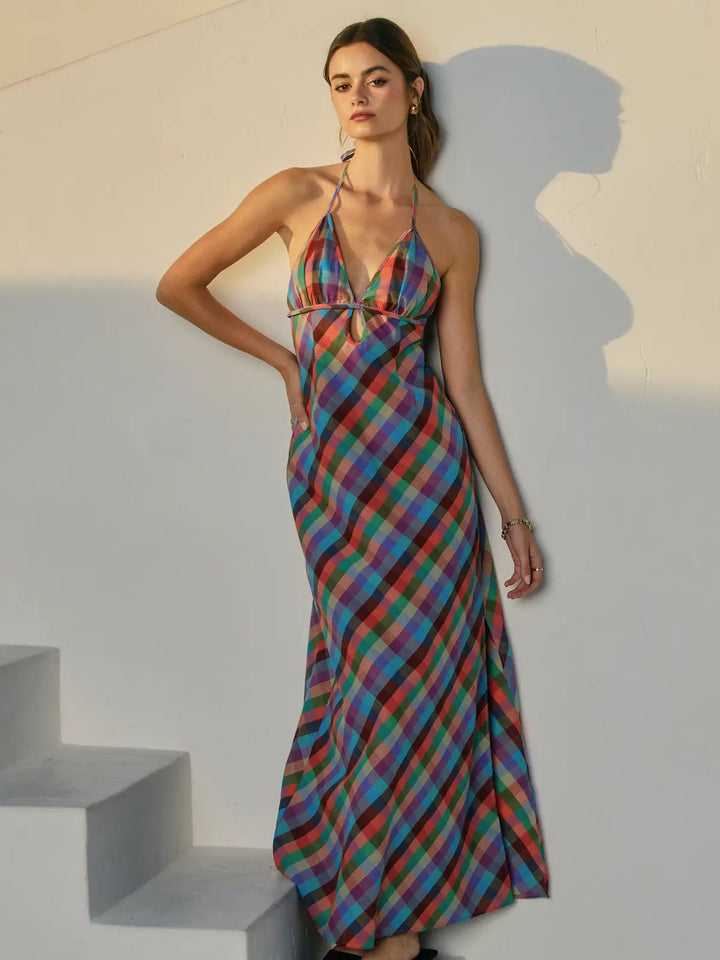 Vibrant Vines Triangle Top Halter Maxi Dress