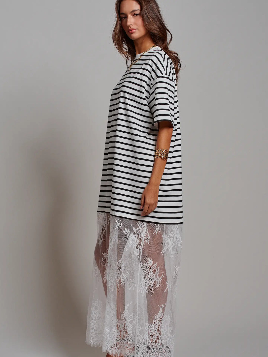 Mixed-Media T-Shirt Dress with Sheer Lace Skirt