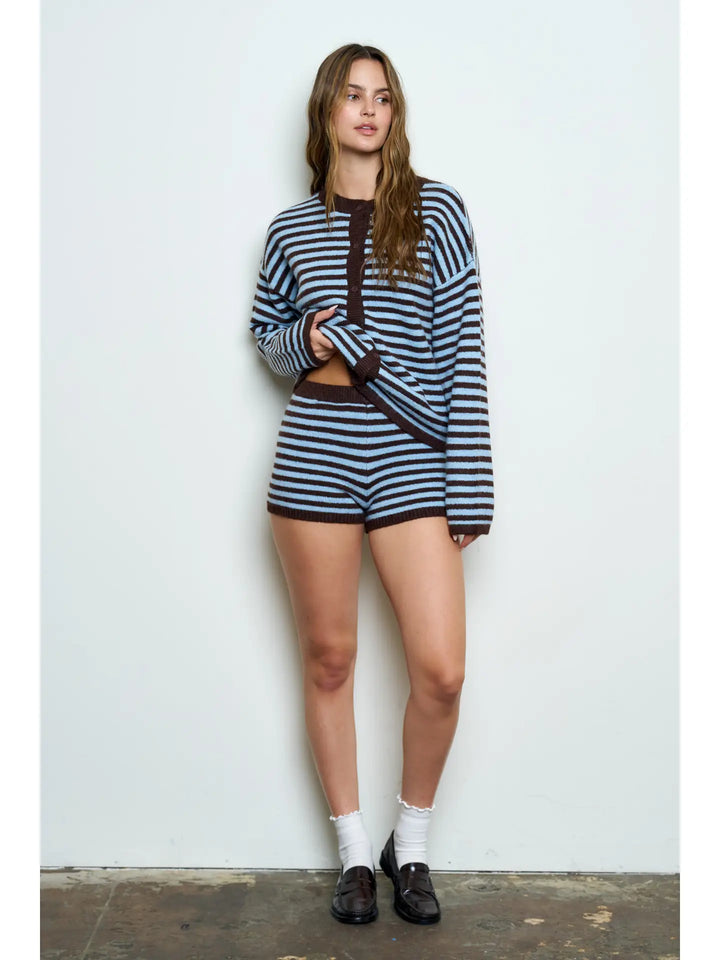 Striped Contrast Sweater Knit Mini Shorts