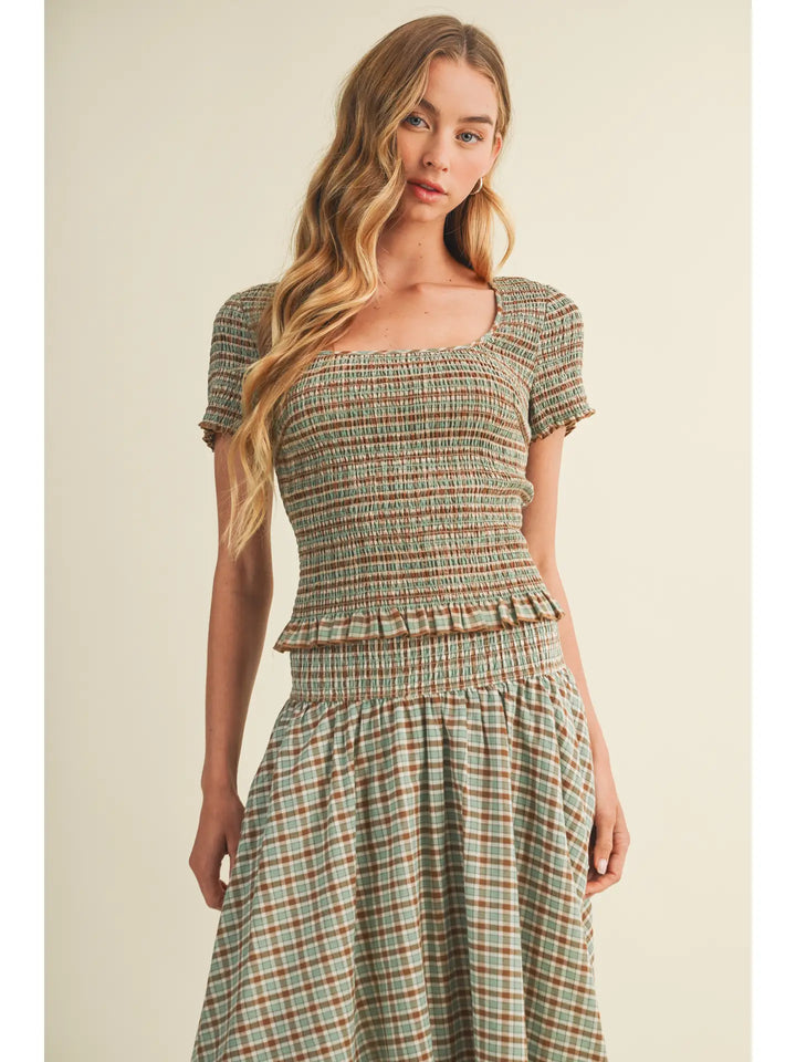 Wide Smocked Waistband Midi Skirt