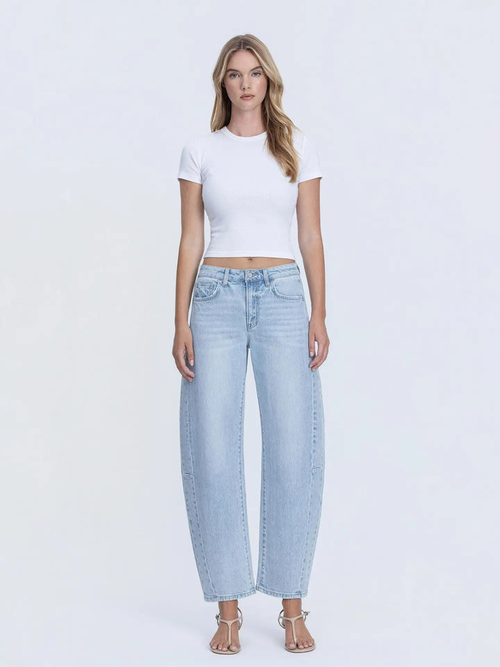 High Rise Light Wash Seam Detail Crop Barrel Jeans